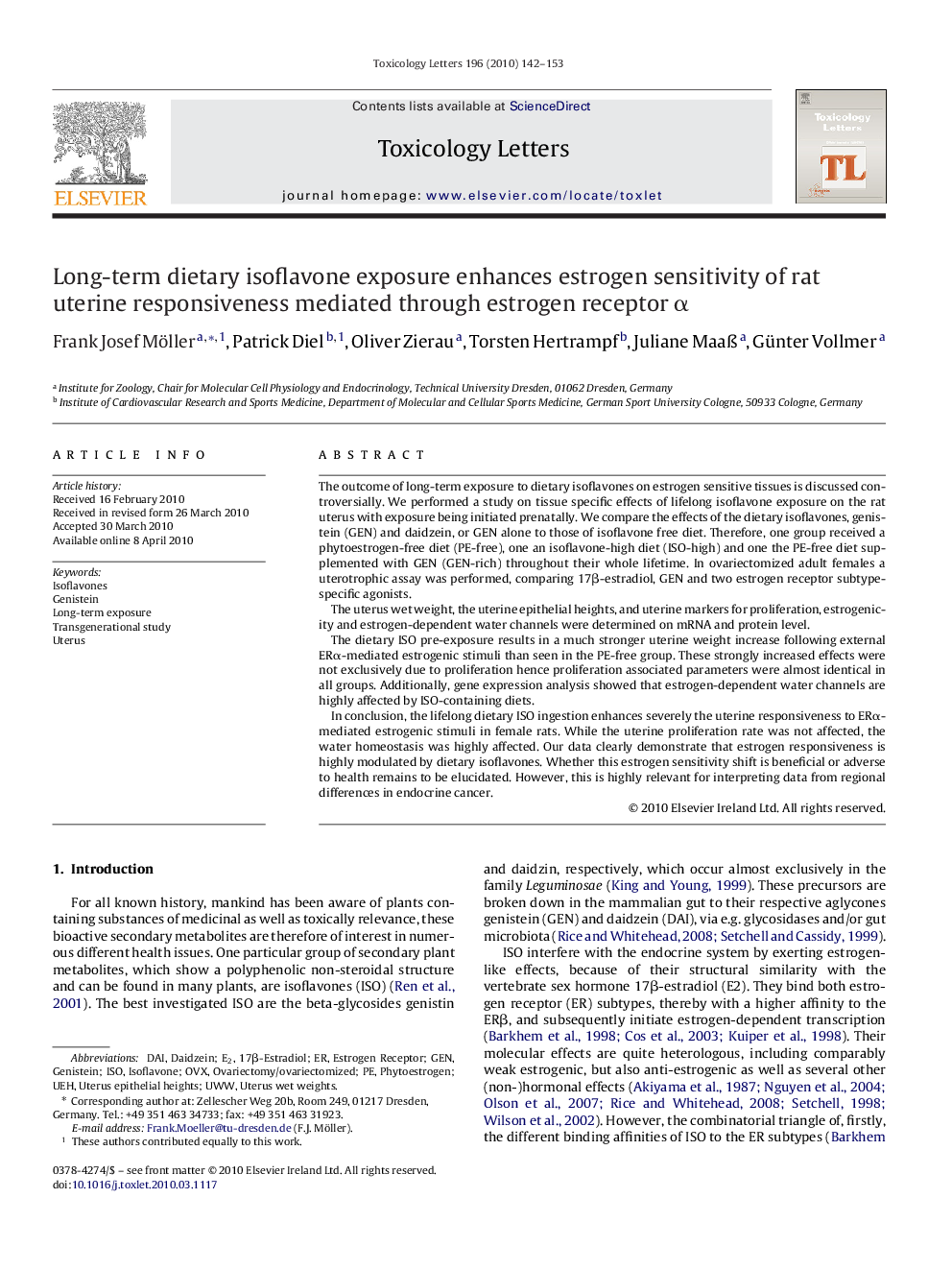 Long-term dietary isoflavone exposure enhances estrogen sensitivity of rat uterine responsiveness mediated through estrogen receptor α