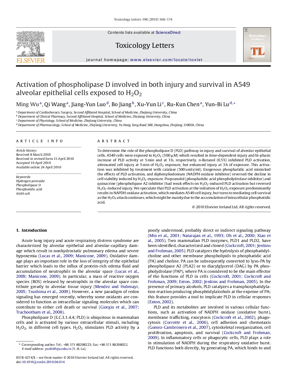 Activation of phospholipase D involved in both injury and survival in A549 alveolar epithelial cells exposed to H2O2