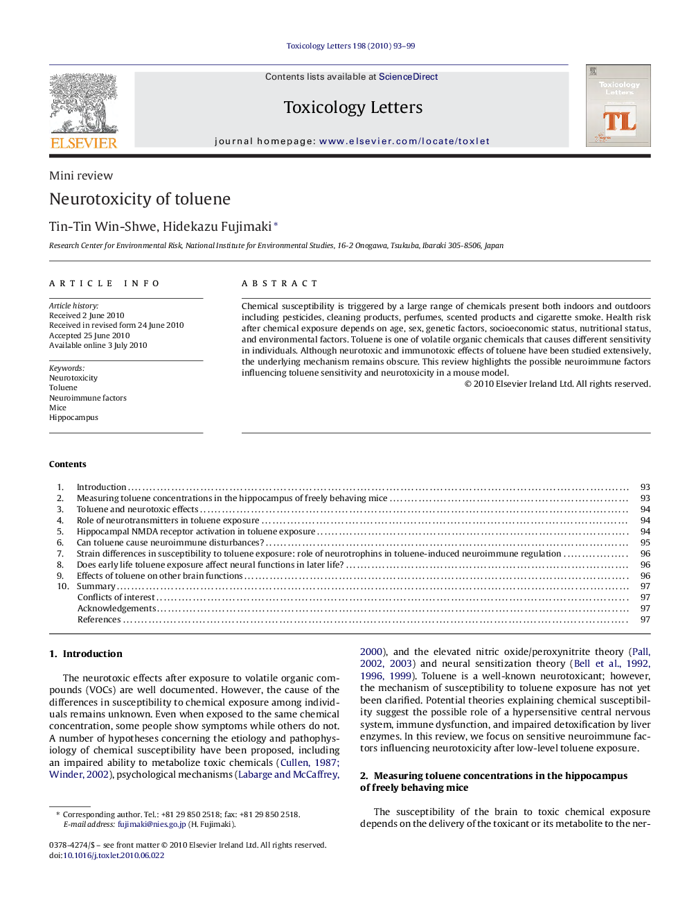 Neurotoxicity of toluene