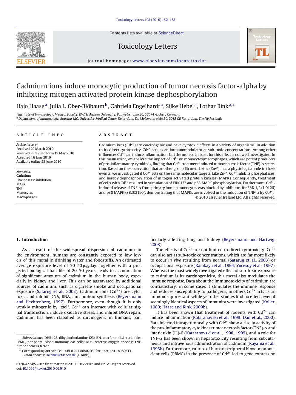 Cadmium ions induce monocytic production of tumor necrosis factor-alpha by inhibiting mitogen activated protein kinase dephosphorylation