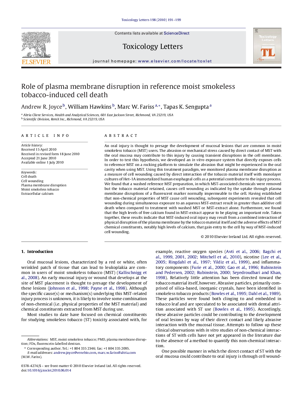 Role of plasma membrane disruption in reference moist smokeless tobacco-induced cell death