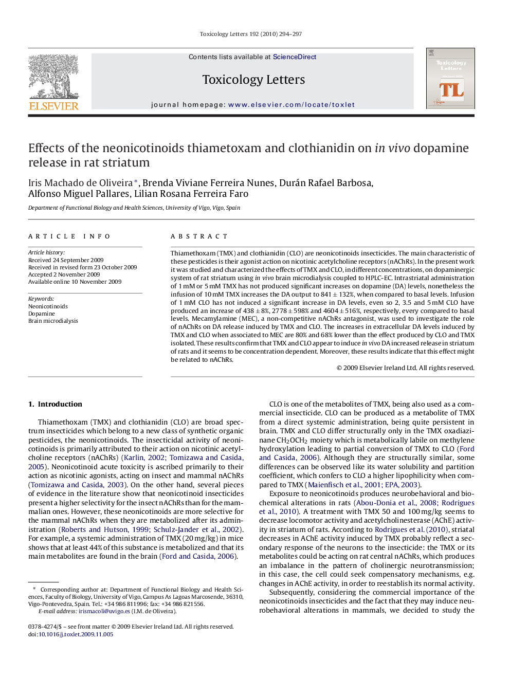 Effects of the neonicotinoids thiametoxam and clothianidin on in vivo dopamine release in rat striatum