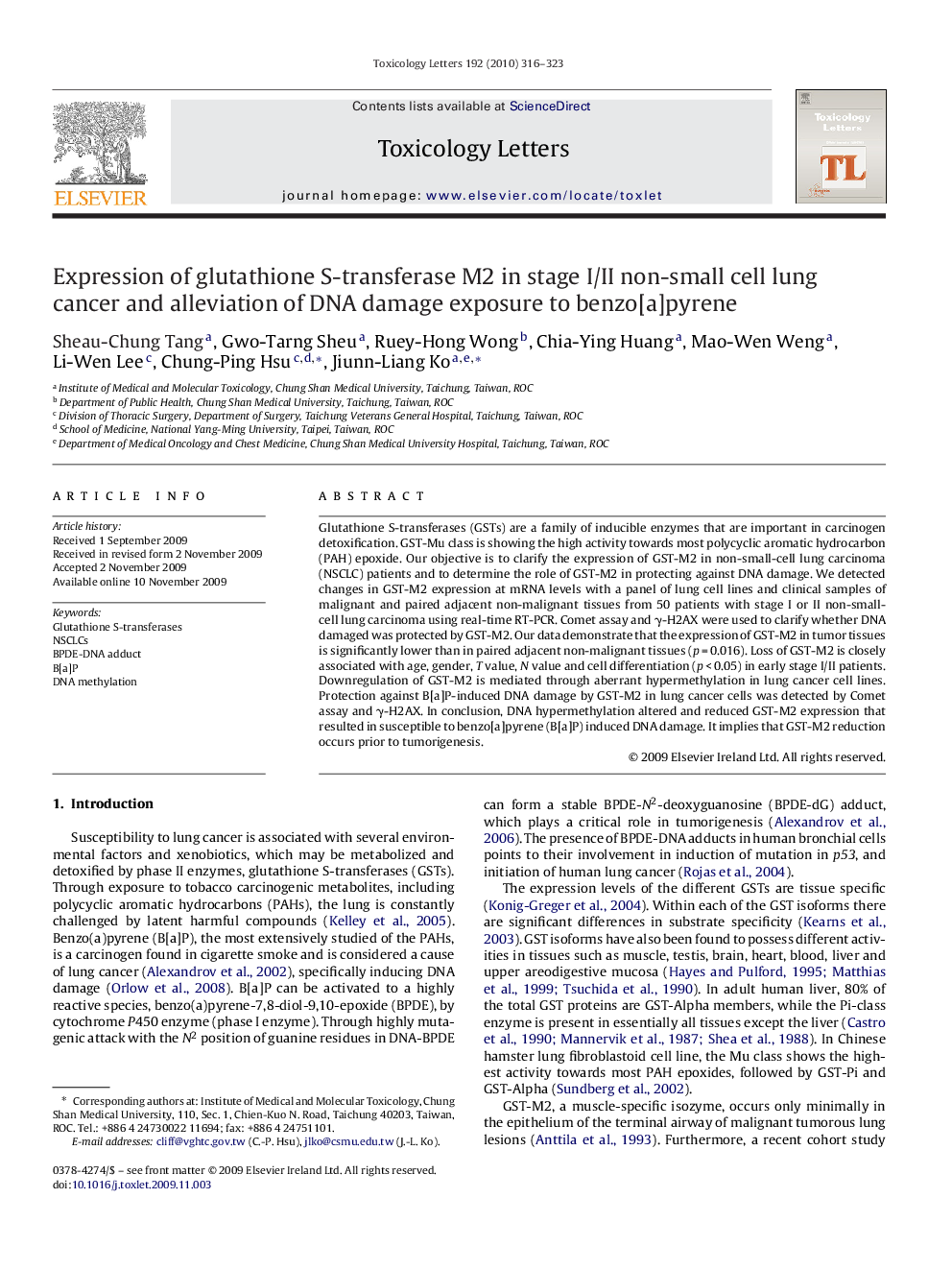 Expression of glutathione S-transferase M2 in stage I/II non-small cell lung cancer and alleviation of DNA damage exposure to benzo[a]pyrene