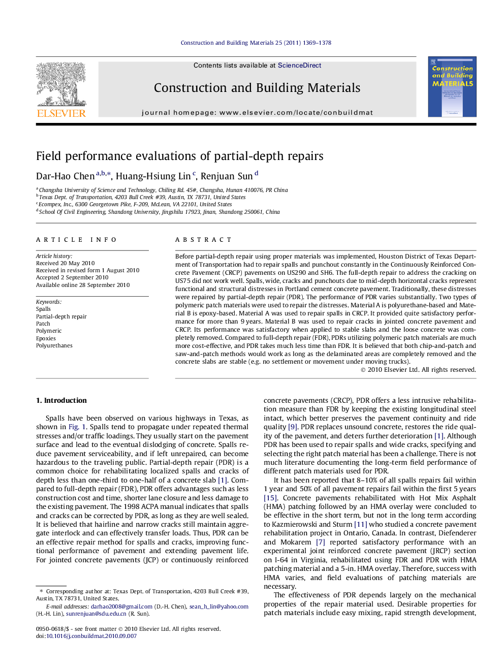 Field performance evaluations of partial-depth repairs