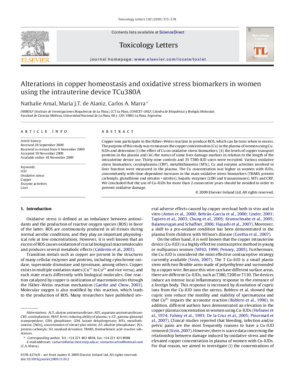 Alterations in copper homeostasis and oxidative stress biomarkers in women using the intrauterine device TCu380A