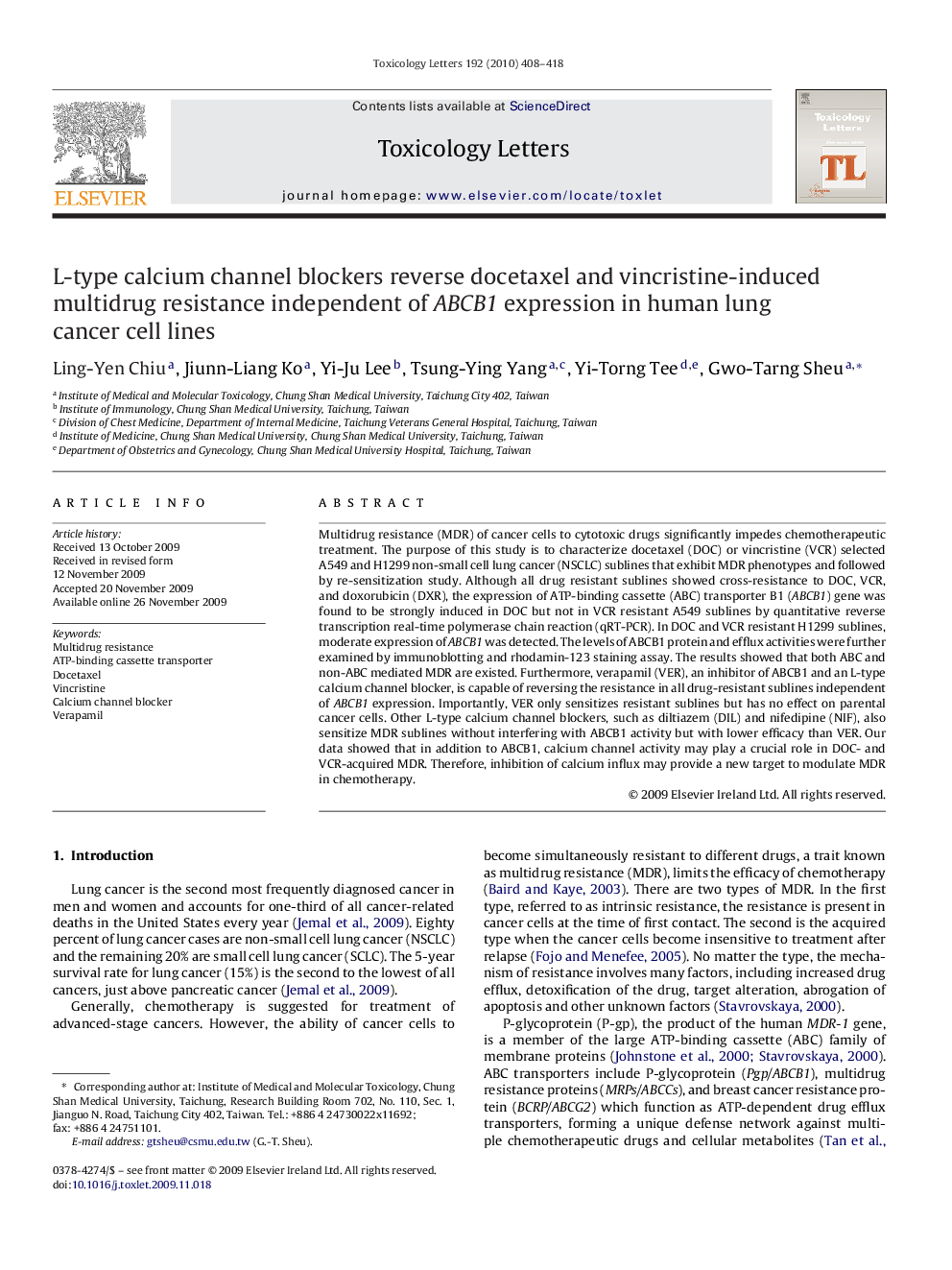 L-type calcium channel blockers reverse docetaxel and vincristine-induced multidrug resistance independent of ABCB1 expression in human lung cancer cell lines