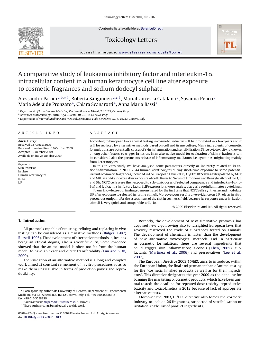 A comparative study of leukaemia inhibitory factor and interleukin-1α intracellular content in a human keratinocyte cell line after exposure to cosmetic fragrances and sodium dodecyl sulphate