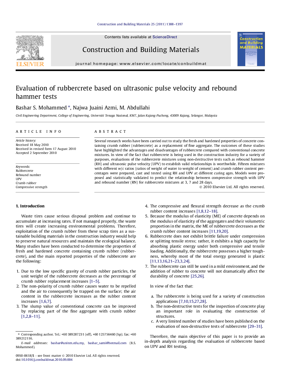 Evaluation of rubbercrete based on ultrasonic pulse velocity and rebound hammer tests