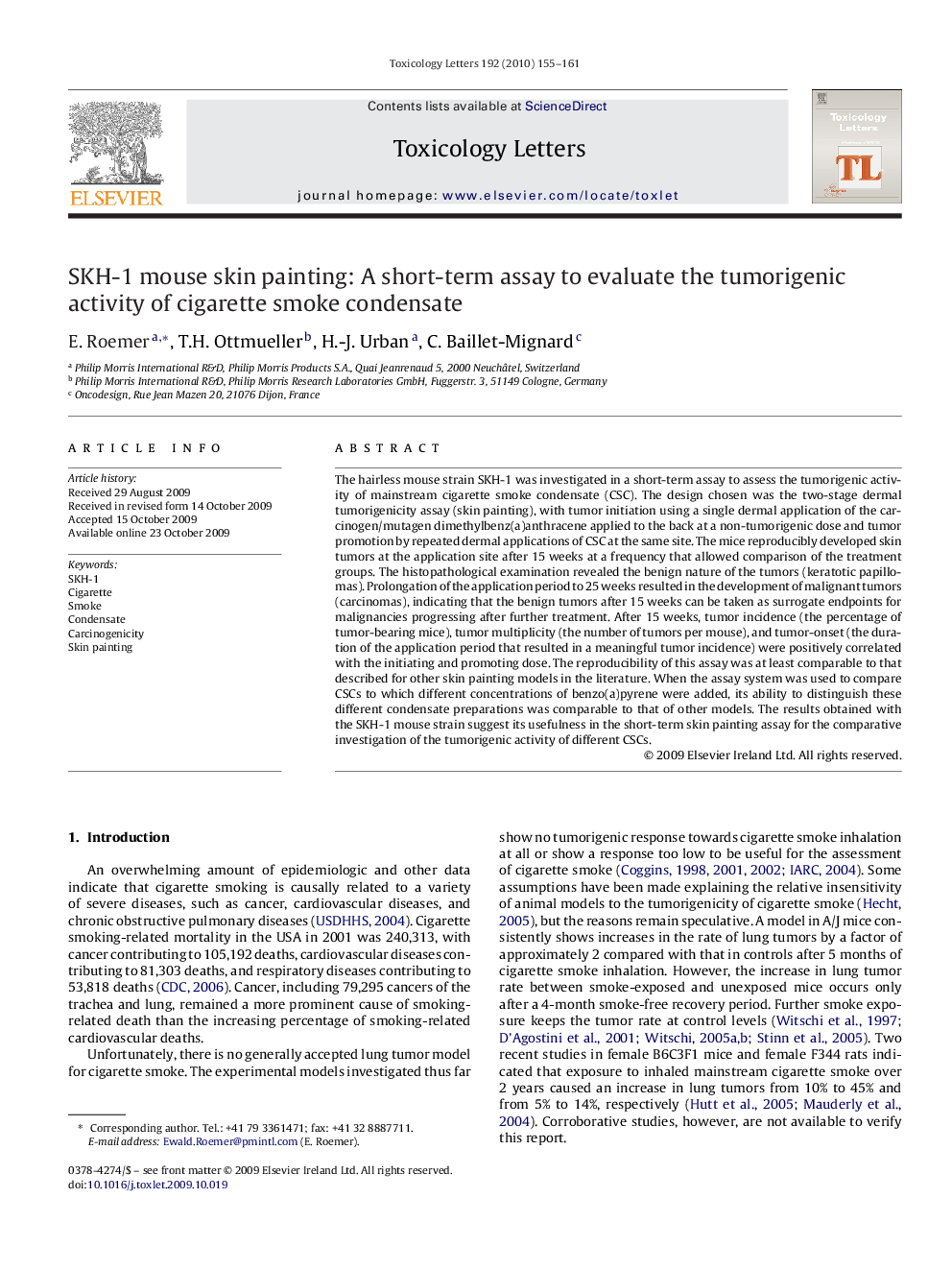 SKH-1 mouse skin painting: A short-term assay to evaluate the tumorigenic activity of cigarette smoke condensate