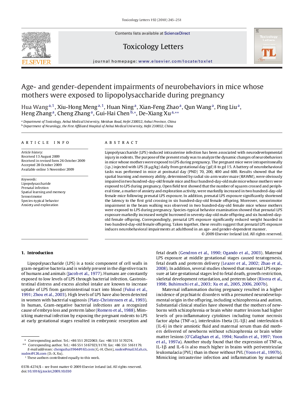 Age- and gender-dependent impairments of neurobehaviors in mice whose mothers were exposed to lipopolysaccharide during pregnancy