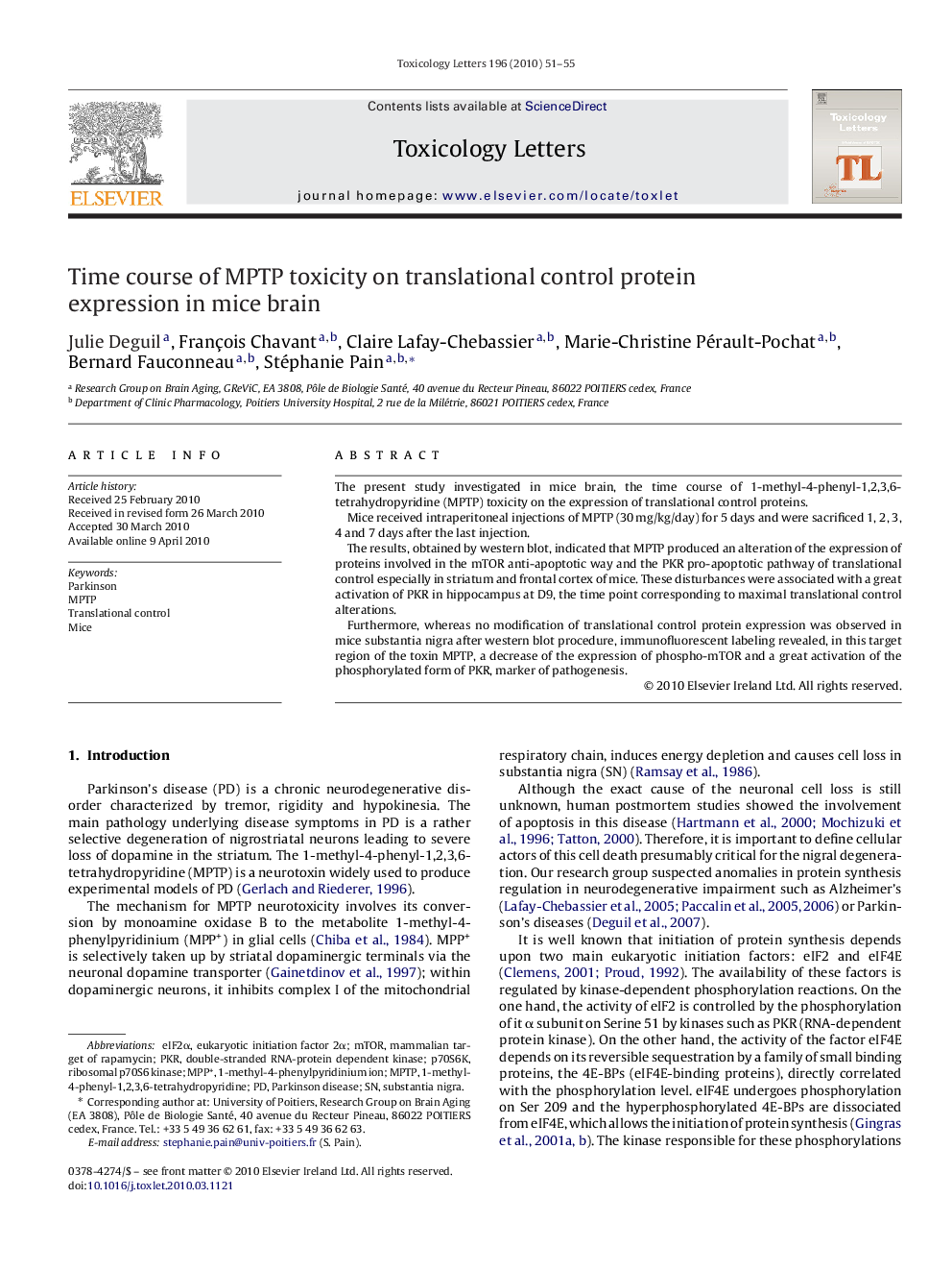 Time course of MPTP toxicity on translational control protein expression in mice brain