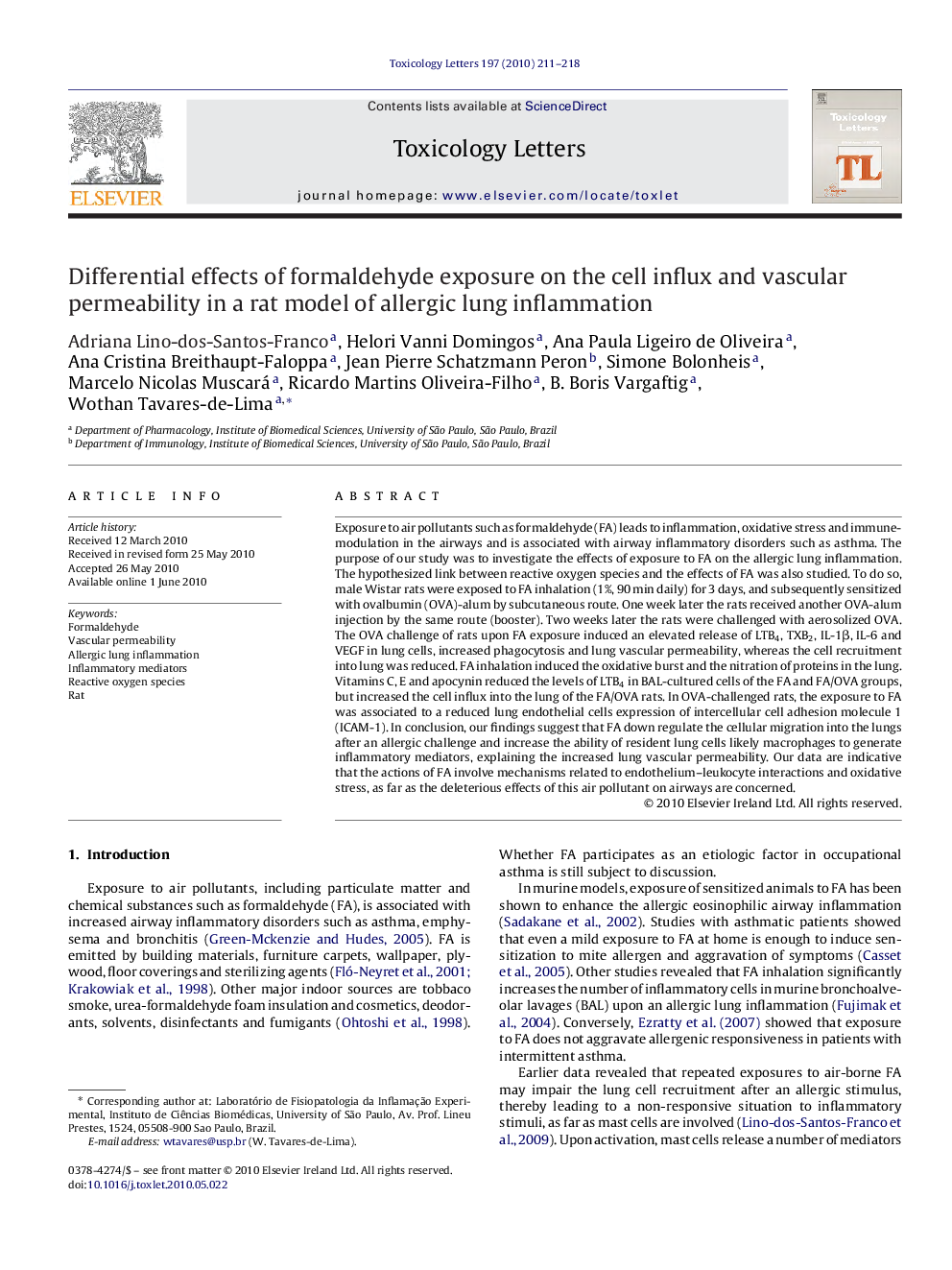 Differential effects of formaldehyde exposure on the cell influx and vascular permeability in a rat model of allergic lung inflammation