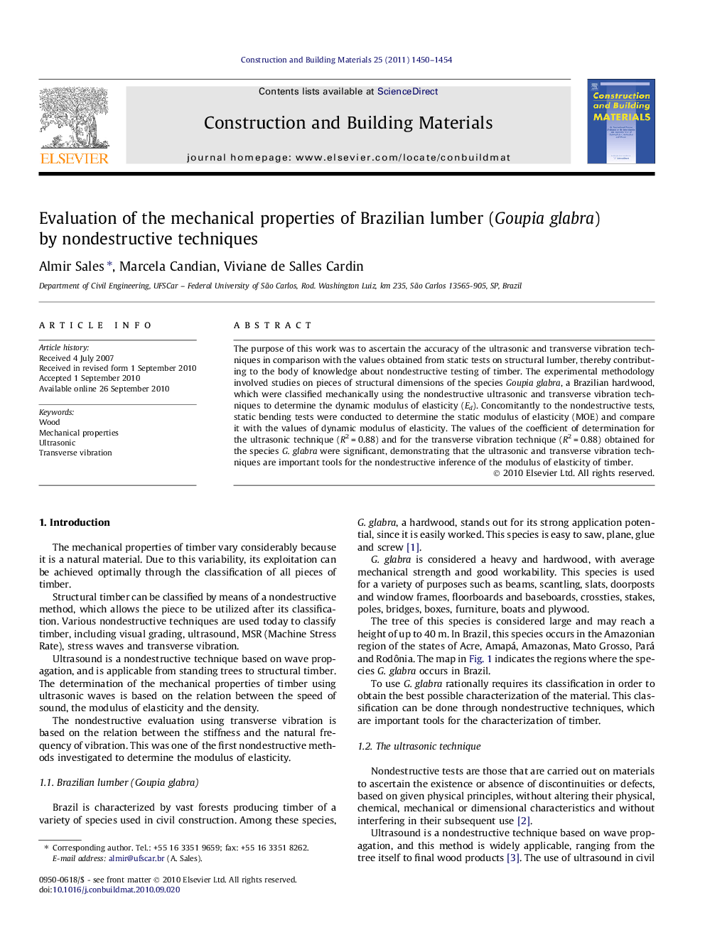 Evaluation of the mechanical properties of Brazilian lumber (Goupia glabra) by nondestructive techniques