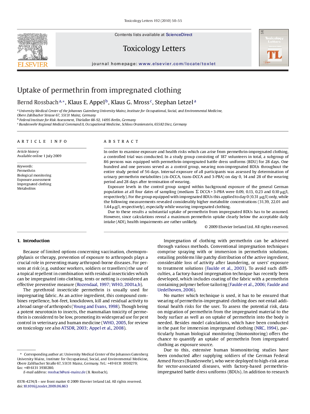 Uptake of permethrin from impregnated clothing