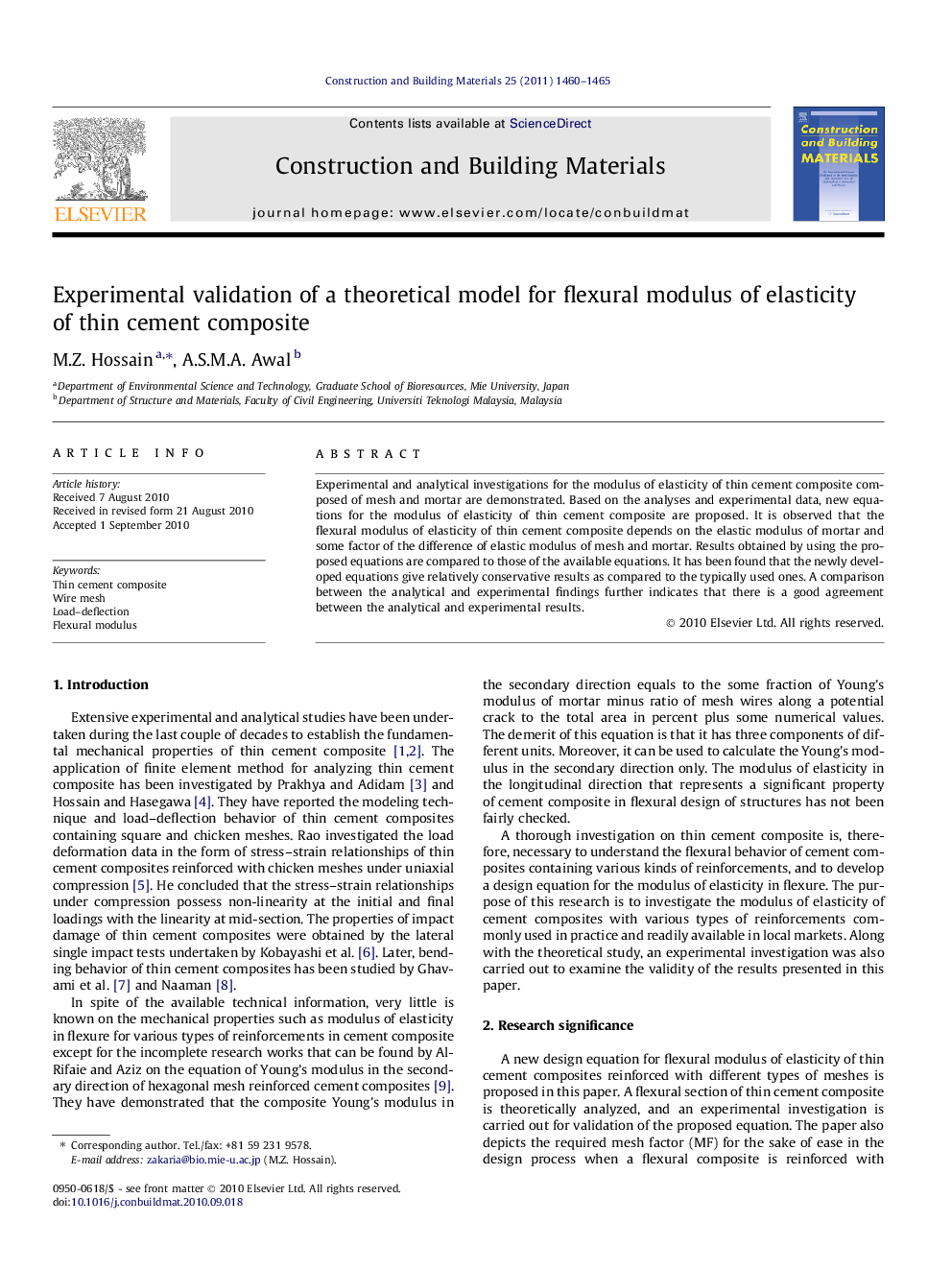 Experimental validation of a theoretical model for flexural modulus of elasticity of thin cement composite