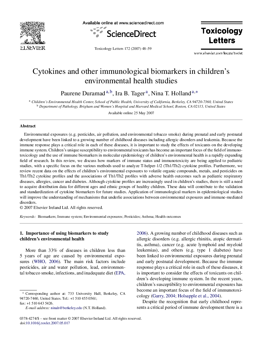 Cytokines and other immunological biomarkers in children's environmental health studies