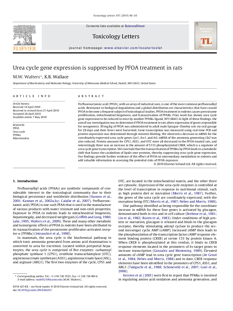 Urea cycle gene expression is suppressed by PFOA treatment in rats