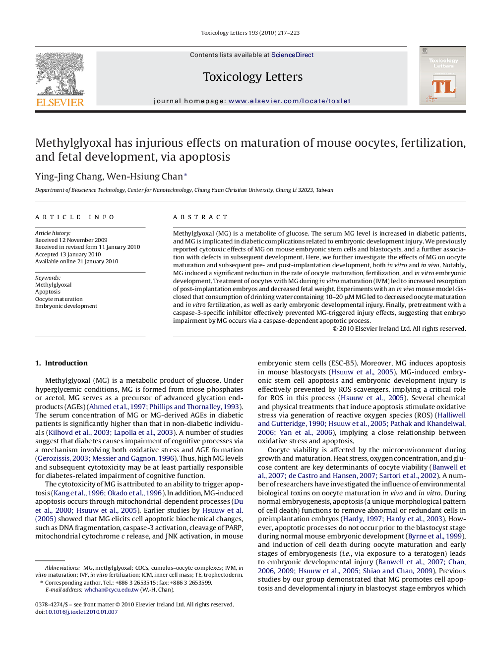 Methylglyoxal has injurious effects on maturation of mouse oocytes, fertilization, and fetal development, via apoptosis