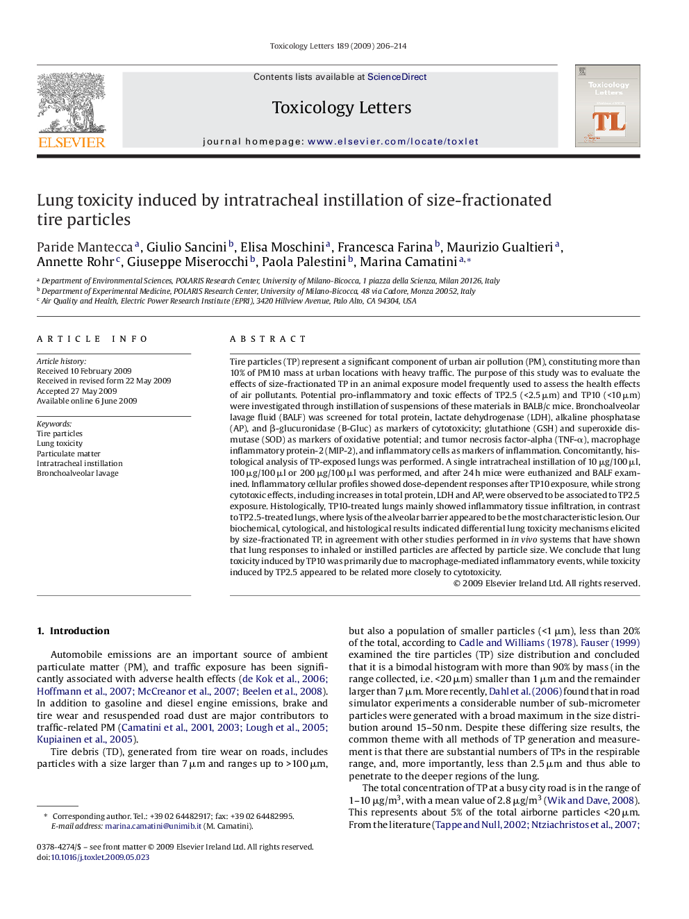 Lung toxicity induced by intratracheal instillation of size-fractionated tire particles