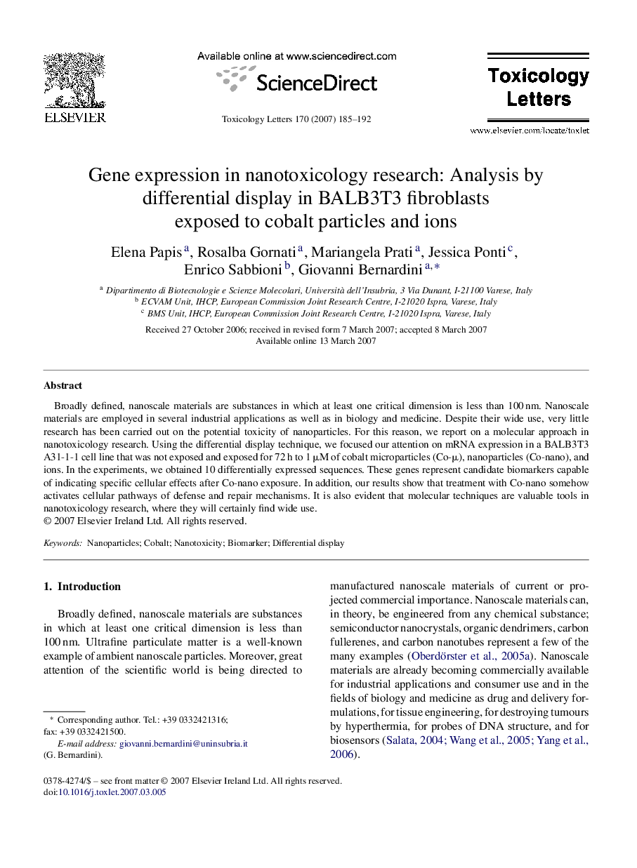 Gene expression in nanotoxicology research: Analysis by differential display in BALB3T3 fibroblasts exposed to cobalt particles and ions