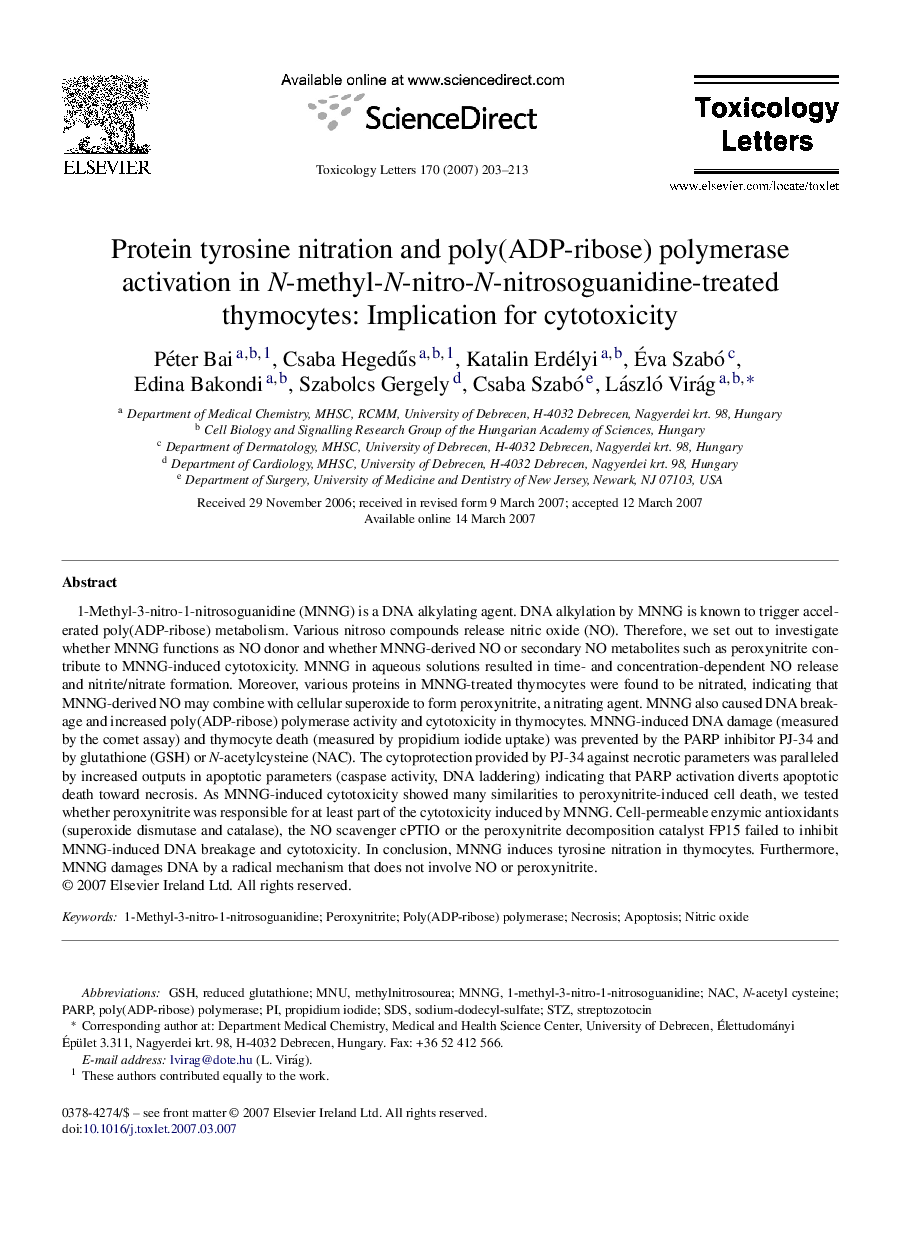 Protein tyrosine nitration and poly(ADP-ribose) polymerase activation in N-methyl-N-nitro-N-nitrosoguanidine-treated thymocytes: Implication for cytotoxicity