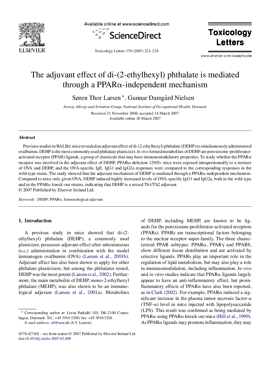 The adjuvant effect of di-(2-ethylhexyl) phthalate is mediated through a PPARα-independent mechanism