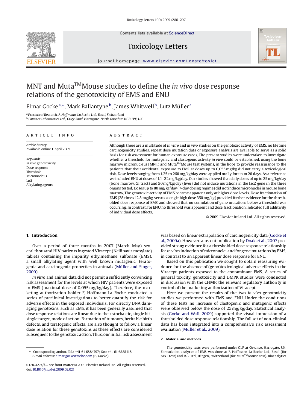 MNT and Muta™Mouse studies to define the in vivo dose response relations of the genotoxicity of EMS and ENU