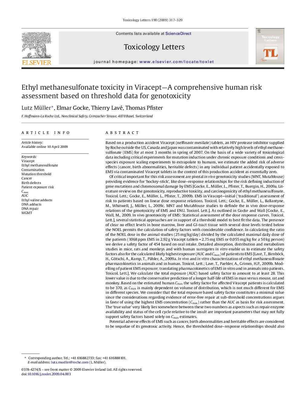 Ethyl methanesulfonate toxicity in Viracept—A comprehensive human risk assessment based on threshold data for genotoxicity