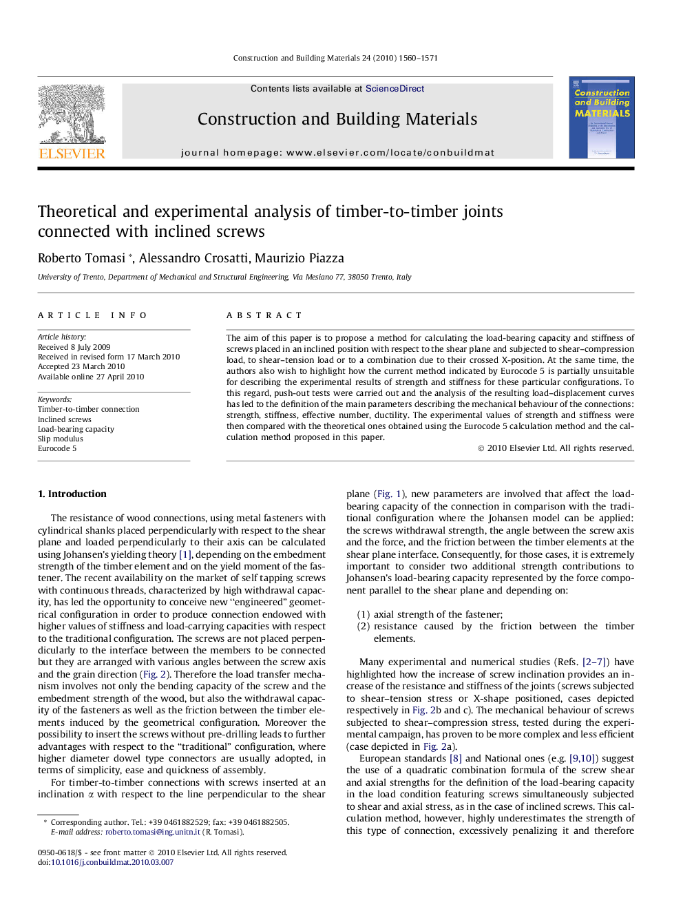 Theoretical and experimental analysis of timber-to-timber joints connected with inclined screws