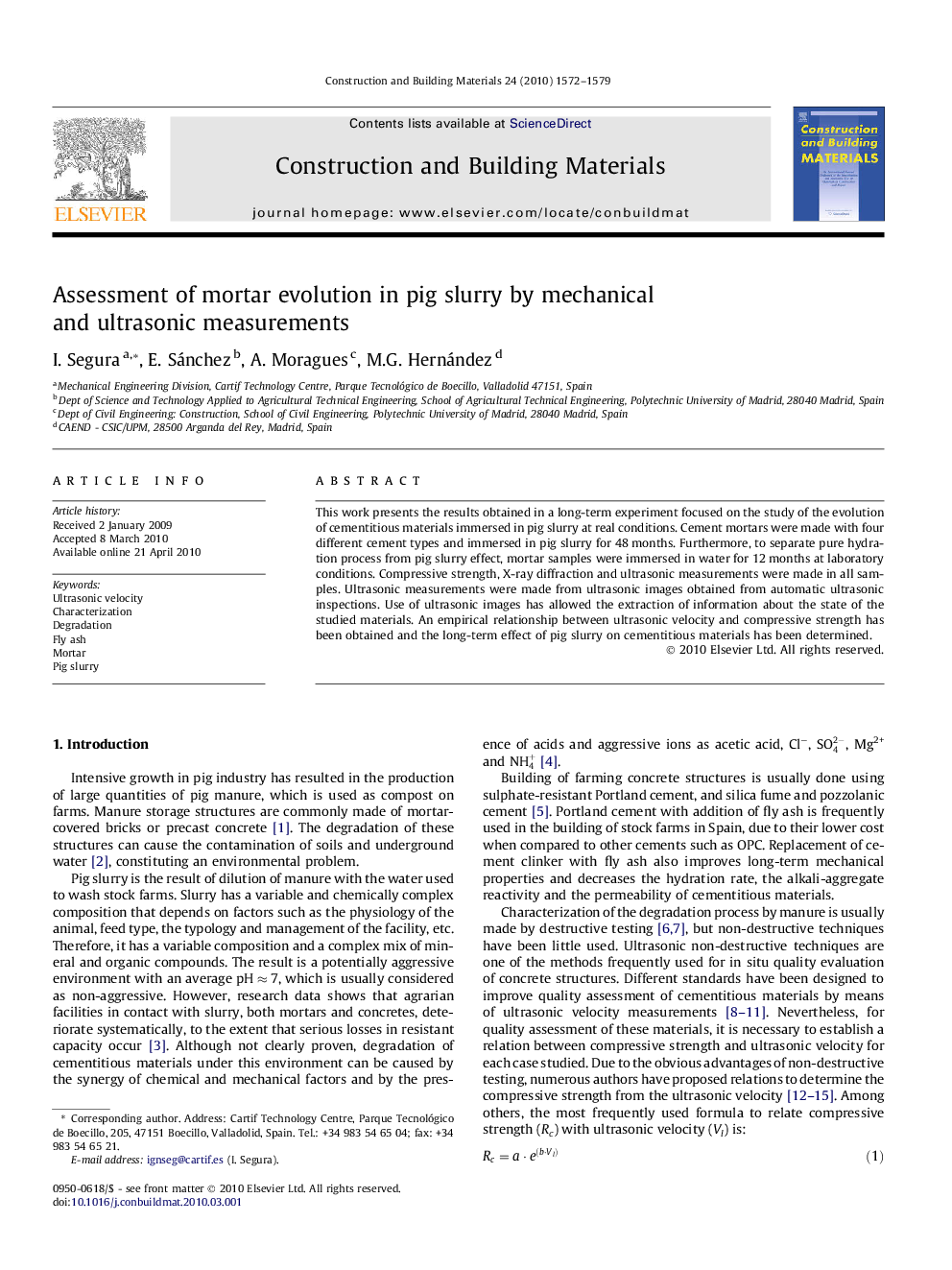 Assessment of mortar evolution in pig slurry by mechanical and ultrasonic measurements