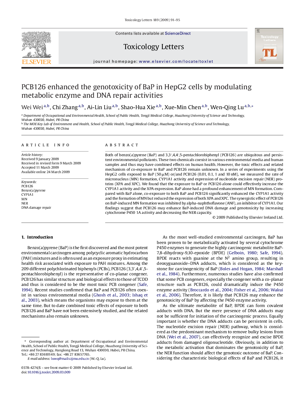 عکس صفحه اول مقاله: PCB126 enhanced the genotoxicity of BaP in HepG2 cells by modulating metabolic enzyme and DNA repair activities PCB126 enhanced the genotoxicity of BaP in HepG2 cells by modulating metabolic enzyme and DNA repair activities