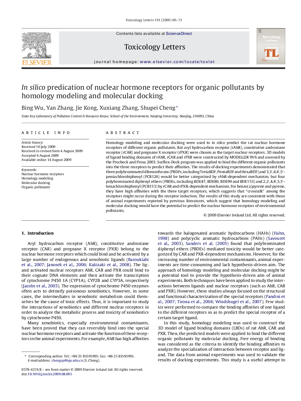 In silico predication of nuclear hormone receptors for organic pollutants by homology modeling and molecular docking