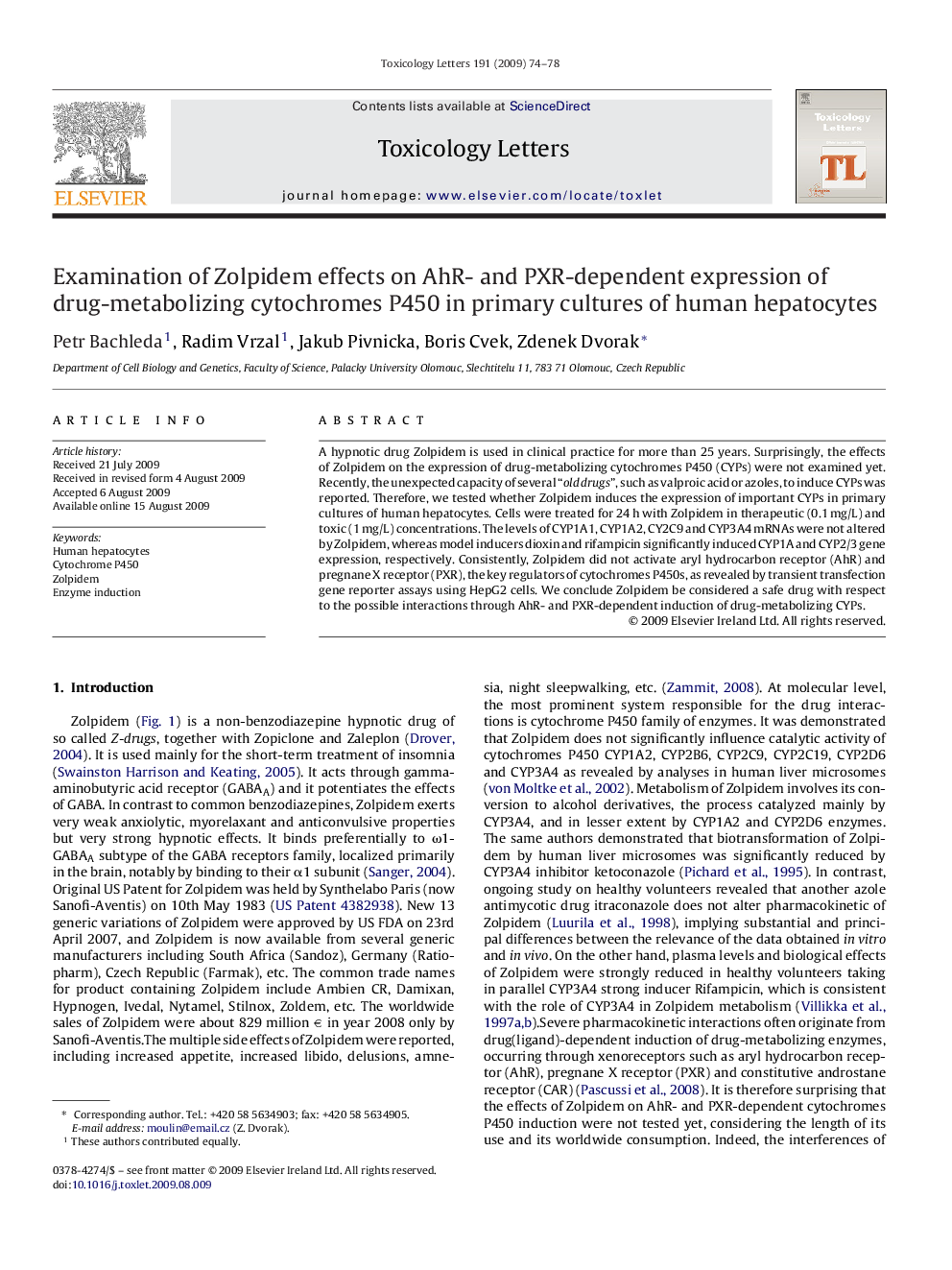 Examination of Zolpidem effects on AhR- and PXR-dependent expression of drug-metabolizing cytochromes P450 in primary cultures of human hepatocytes