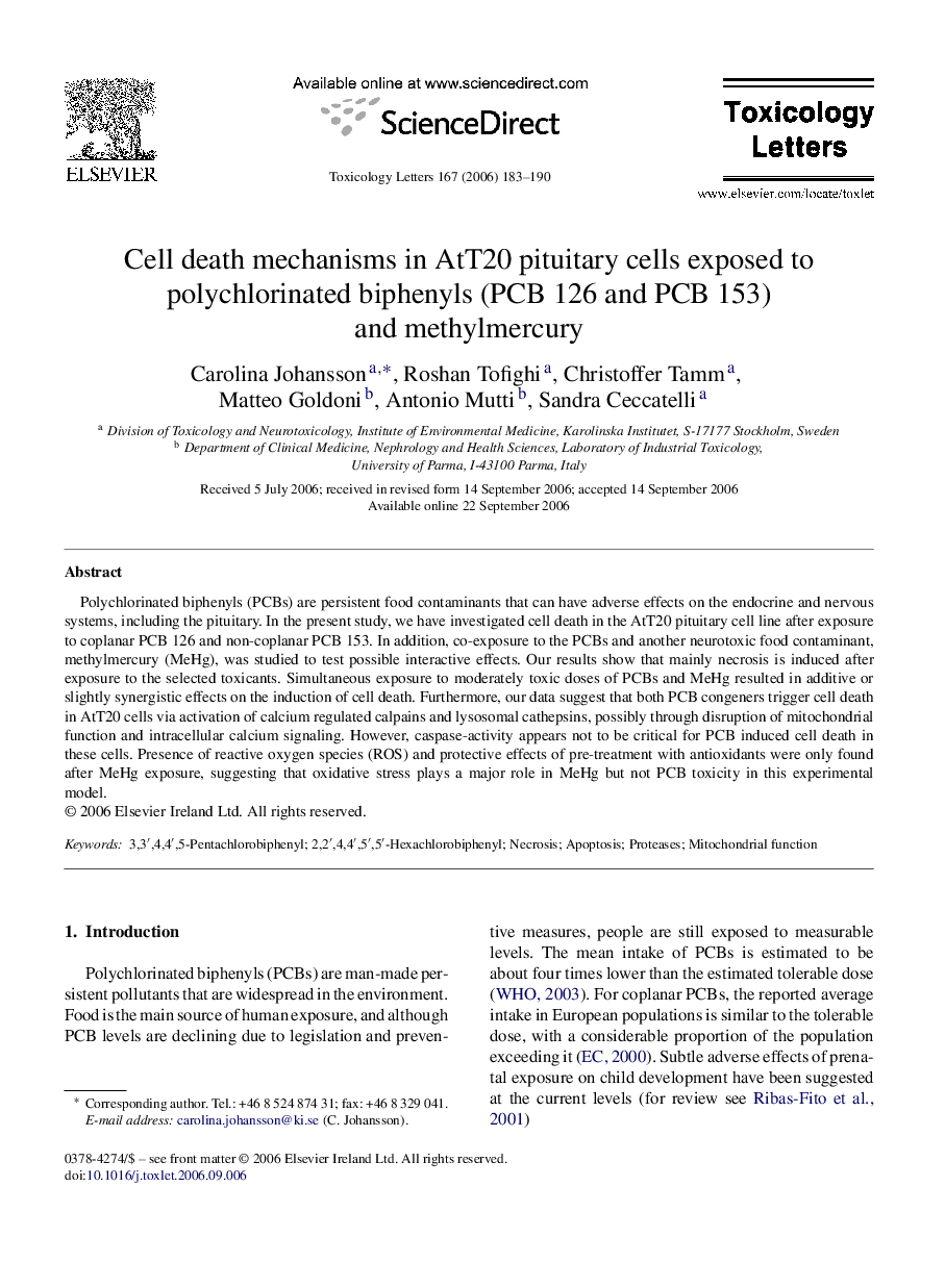 Cell death mechanisms in AtT20 pituitary cells exposed to polychlorinated biphenyls (PCB 126 and PCB 153) and methylmercury