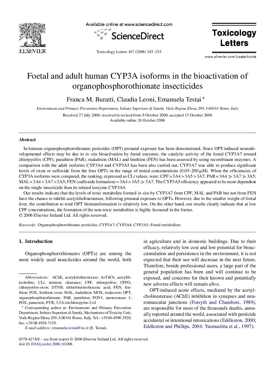 Foetal and adult human CYP3A isoforms in the bioactivation of organophosphorothionate insecticides