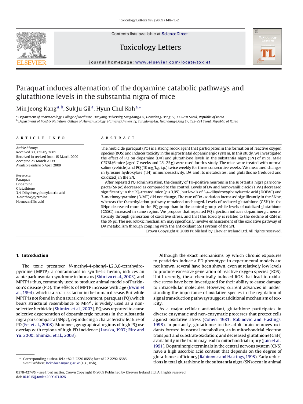 Paraquat induces alternation of the dopamine catabolic pathways and glutathione levels in the substantia nigra of mice