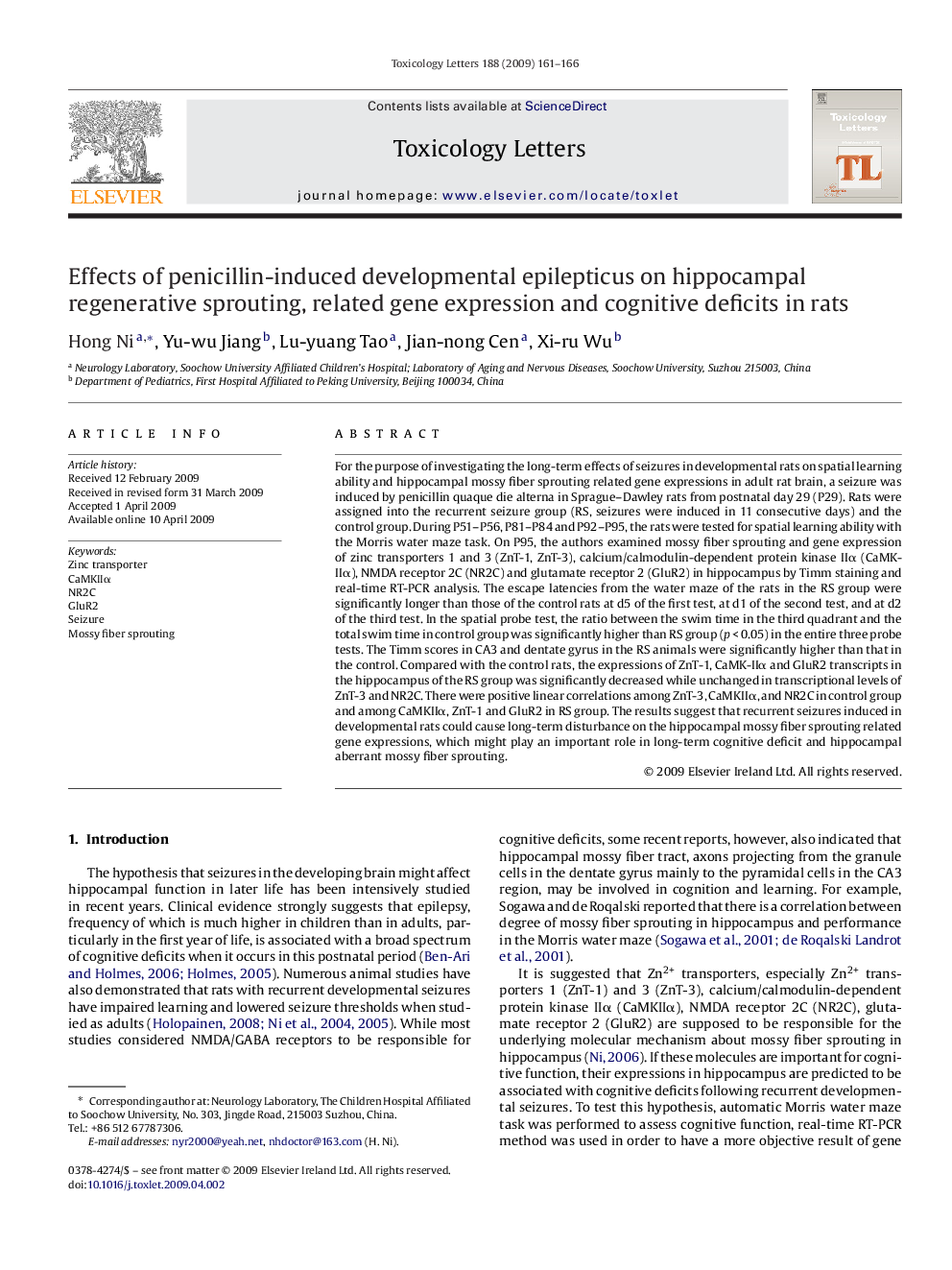 Effects of penicillin-induced developmental epilepticus on hippocampal regenerative sprouting, related gene expression and cognitive deficits in rats