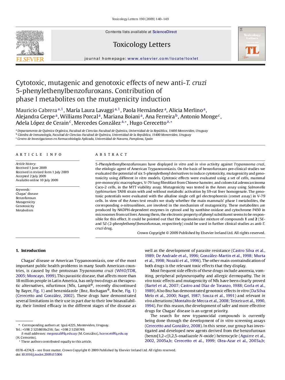 Cytotoxic, mutagenic and genotoxic effects of new anti-T. cruzi 5-phenylethenylbenzofuroxans. Contribution of phase I metabolites on the mutagenicity induction