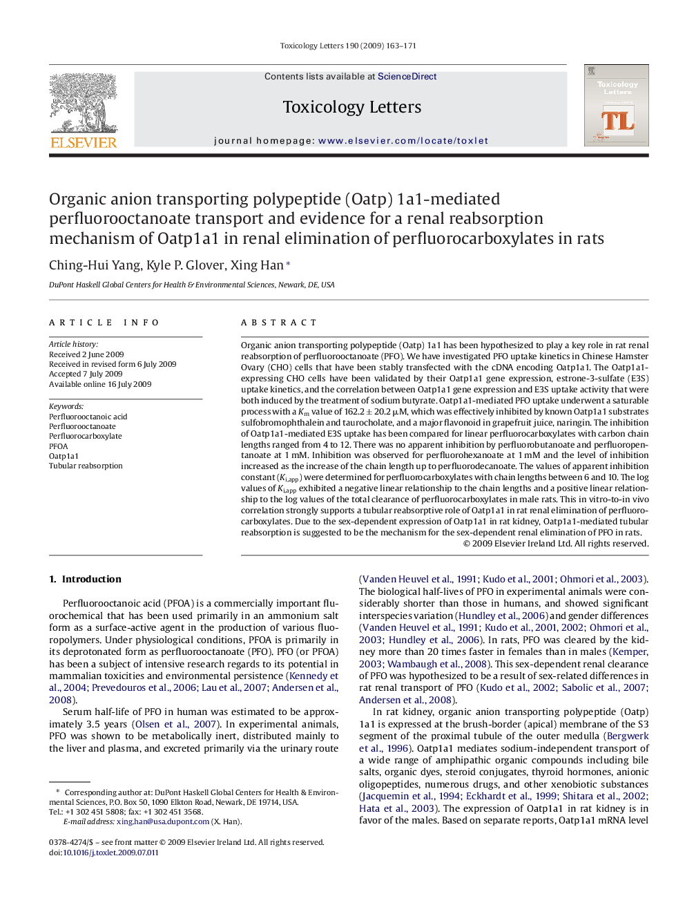 Organic anion transporting polypeptide (Oatp) 1a1-mediated perfluorooctanoate transport and evidence for a renal reabsorption mechanism of Oatp1a1 in renal elimination of perfluorocarboxylates in rats