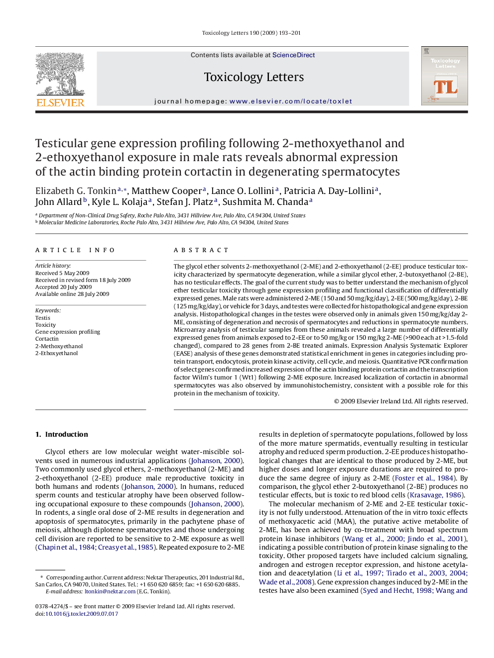 Testicular gene expression profiling following 2-methoxyethanol and 2-ethoxyethanol exposure in male rats reveals abnormal expression of the actin binding protein cortactin in degenerating spermatocytes