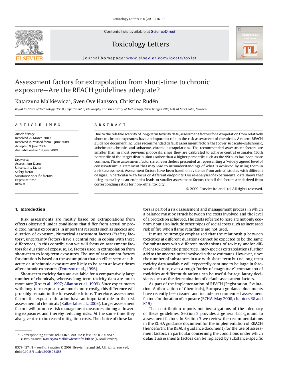 Assessment factors for extrapolation from short-time to chronic exposure—Are the REACH guidelines adequate?