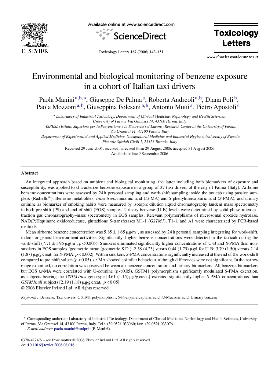 Environmental and biological monitoring of benzene exposure in a cohort of Italian taxi drivers