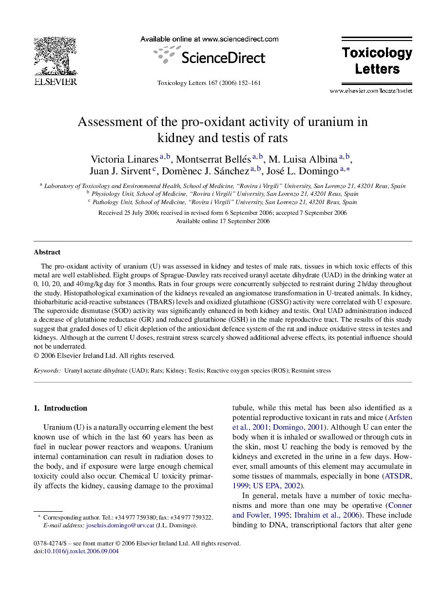 Assessment of the pro-oxidant activity of uranium in kidney and testis of rats