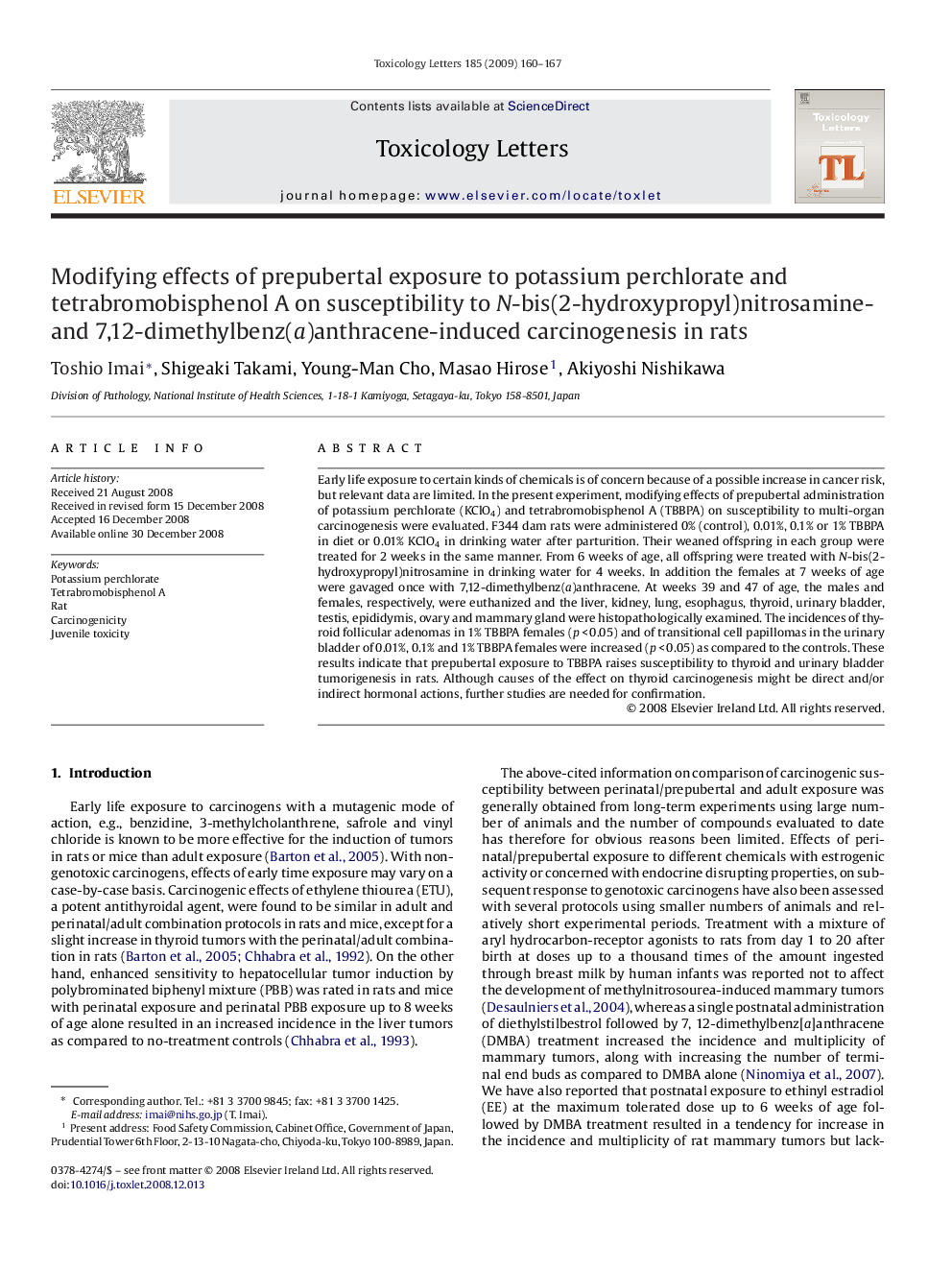 Modifying effects of prepubertal exposure to potassium perchlorate and tetrabromobisphenol A on susceptibility to N-bis(2-hydroxypropyl)nitrosamine- and 7,12-dimethylbenz(a)anthracene-induced carcinogenesis in rats