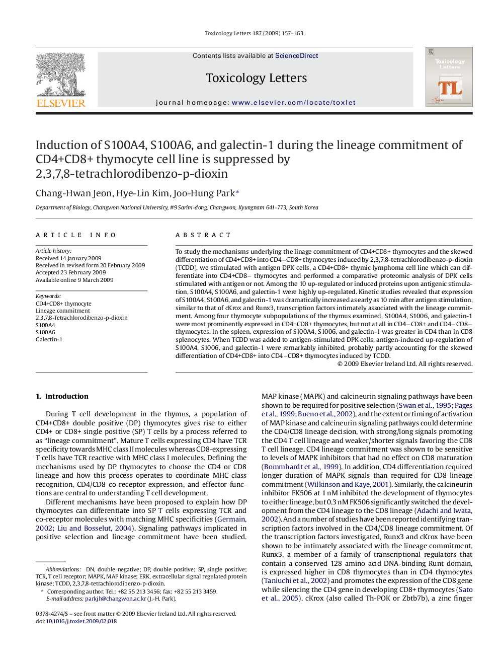 Induction of S100A4, S100A6, and galectin-1 during the lineage commitment of CD4+CD8+ thymocyte cell line is suppressed by 2,3,7,8-tetrachlorodibenzo-p-dioxin