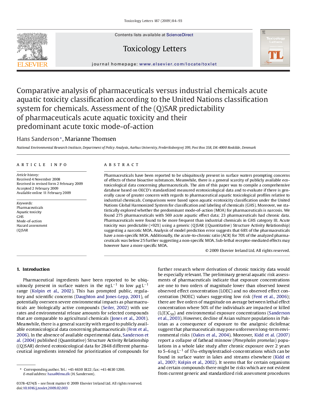 Comparative analysis of pharmaceuticals versus industrial chemicals acute aquatic toxicity classification according to the United Nations classification system for chemicals. Assessment of the (Q)SAR predictability of pharmaceuticals acute aquatic toxicit