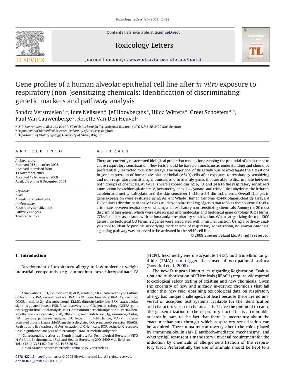 Gene profiles of a human alveolar epithelial cell line after in vitro exposure to respiratory (non-)sensitizing chemicals: Identification of discriminating genetic markers and pathway analysis