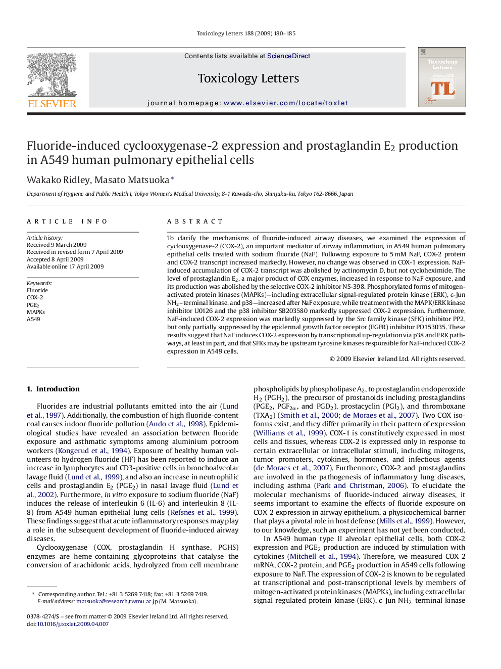 Fluoride-induced cyclooxygenase-2 expression and prostaglandin E2 production in A549 human pulmonary epithelial cells