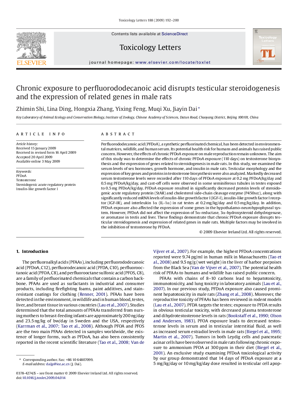 Chronic exposure to perfluorododecanoic acid disrupts testicular steroidogenesis and the expression of related genes in male rats