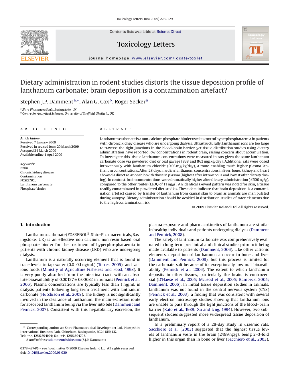 Dietary administration in rodent studies distorts the tissue deposition profile of lanthanum carbonate; brain deposition is a contamination artefact?